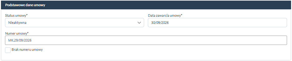Sekcja Podstawowe dane umowy ze statusem Nieaktywna