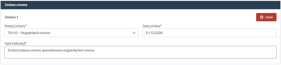 Sekcja Zmiany umowy z wybranym rodzajem TSU10